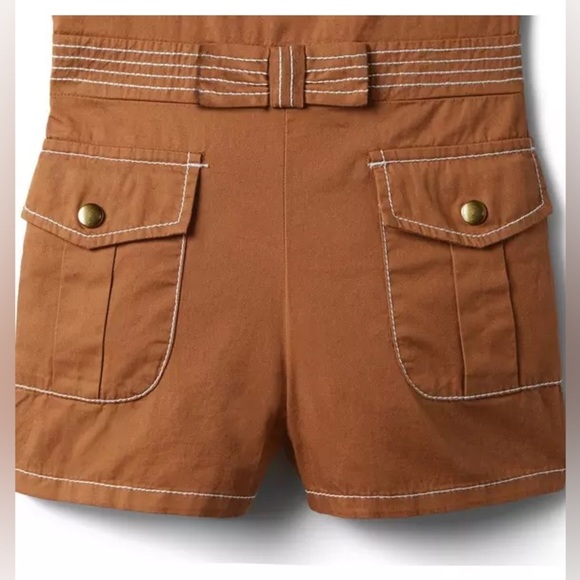 Janie and Jack Twill Contrast Stitch Bow Romper Soft Caramel - Picture 3 of 6